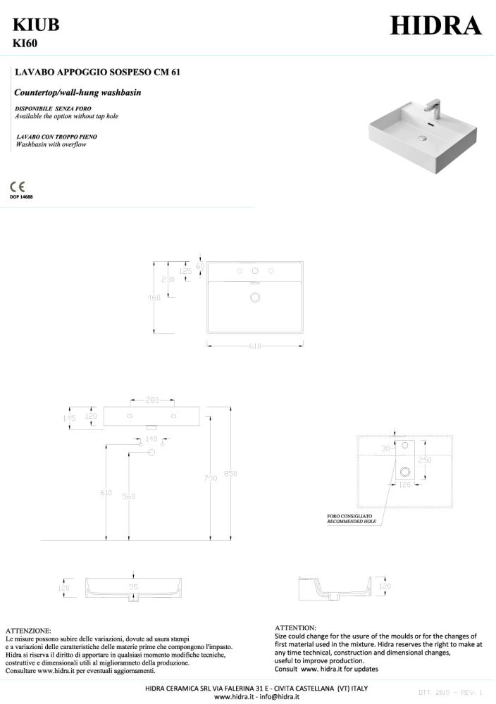 Hidra Kiub, накладная/подвесная прямоугольная раковина 61x46x12h см, цвет белый глянцевый, артикул KI60/001