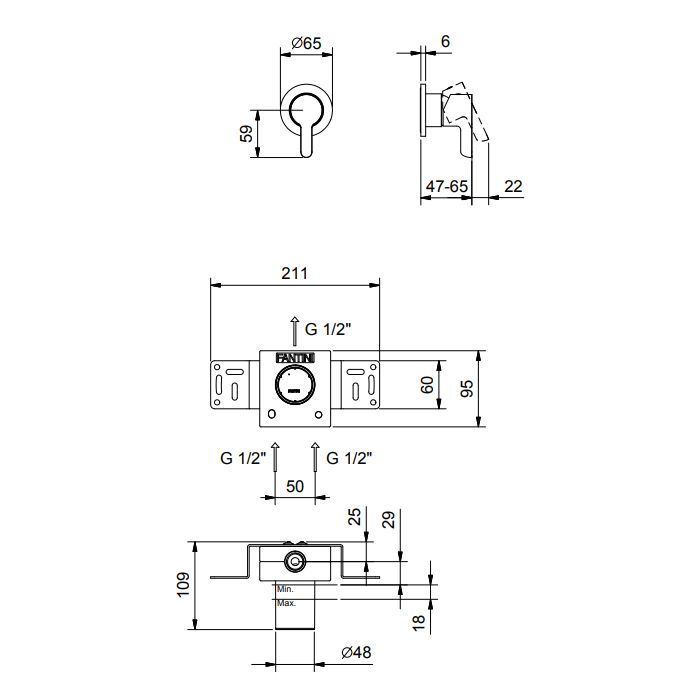 Fantini Icona Classic Смеситель для душа, встраиваемый, на 1 источник, (наружняя часть), цвет Raw Metal PVD