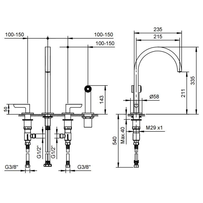 Fantini Icona Deco Смеситель для кухни, 4 отв, без донного клапана, излив 215мм, с ручн душем, цвет: хром Fantini Icona Deco Смеситель для кухни, 4 отв, без донного клапана, излив 215мм, с ручн душем, цвет: хром