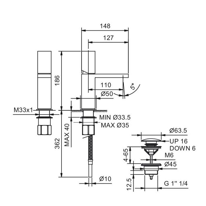 Fantini Milano Смеситель для раковины, 1 отв., с нажимн. донным клапаном, излив 110мм, цвет: матовая натуральная сталь