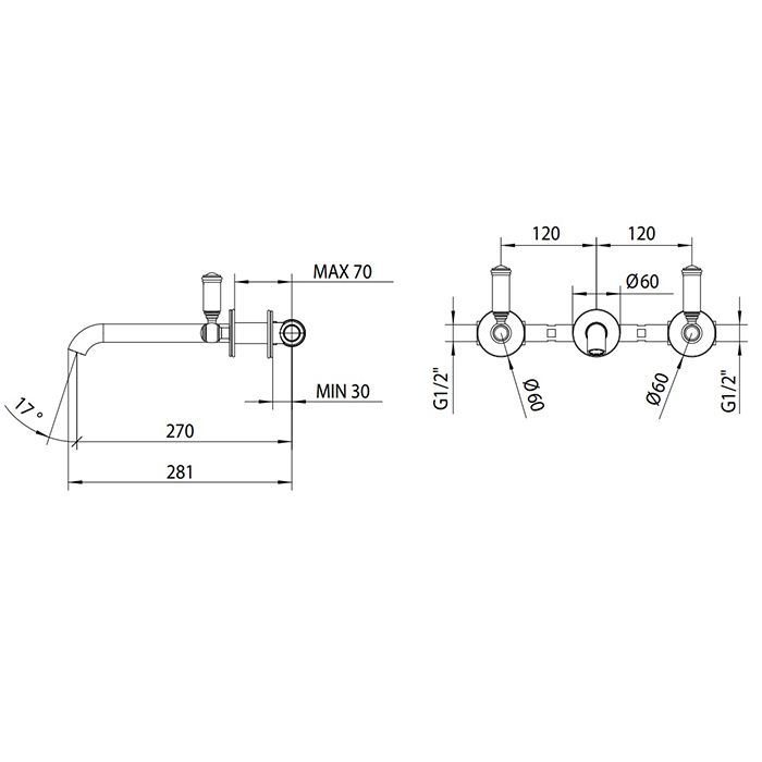 Bossini Liberty Смеситель для раковины на 3 отверстия встраиваемый без заглушки, цвет: античная бронза Bossini Liberty Смеситель для раковины на 3 отверстия встраиваемый без заглушки, цвет: античная бронза