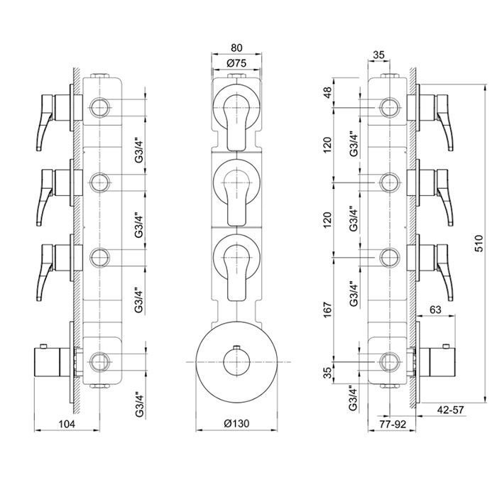 Fantini Внутренняя часть термостатического смесителя для душа, 3 источника, 3/4"