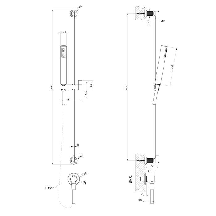 GESSI INCISO Штанга в комплекте с душевой лейкой, шланг 1,50 м, вывод воды из стены, цвет: золото