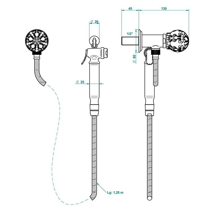 THG FLORE Гигиенический душ с запорным вентилем, шлангом 1250 мм. и держателем, цвет хром