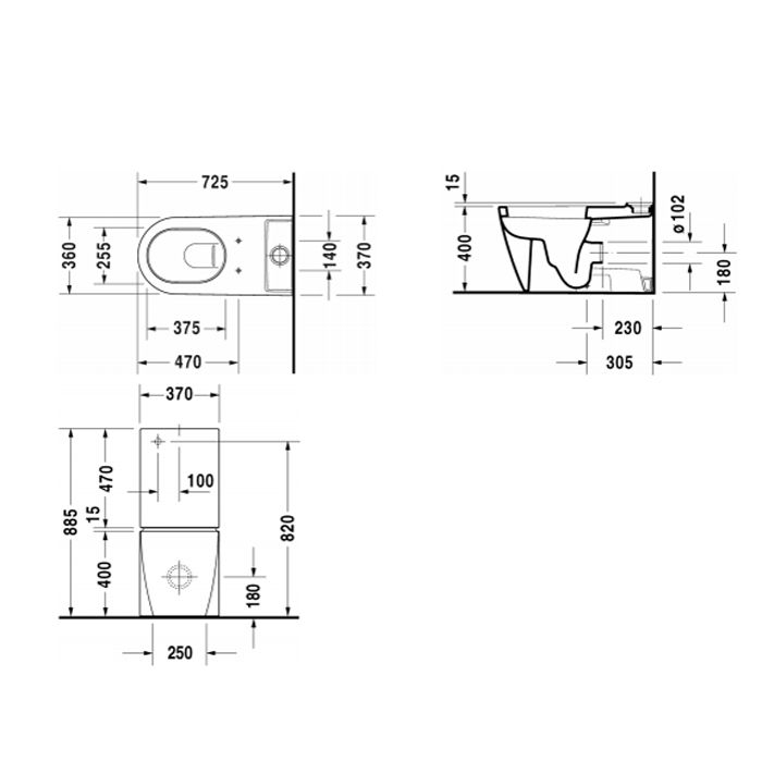Duravit Унитаз моноблок приставной  725х370 мм, слив универсальный, с креплением,цвет белый
