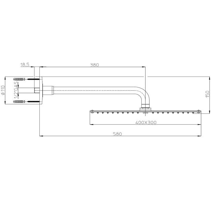 BOSSINI PARIS-RECTANGULAR Верхний душ 400 x 300 mm, настенный кронштейн Ø 28 x 400 mm, цвет: хром