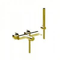 BONGIO ON Смеситель для ванны настенный, однорычажный, с ручным душем, настенным держателем и шлангом 1500 мм., цвет матовое французское золото