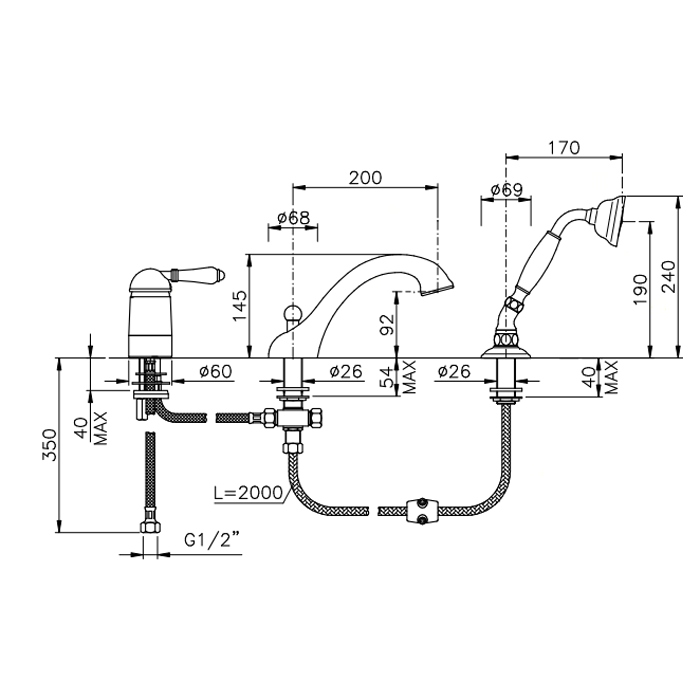 Nicolazzi Forest Смеситель на борт ванны на 3 отверстия, с изливом 200мм и ручным душем, ручки дерево, цвет: хром