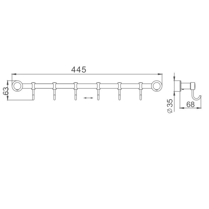 Планка с крючками для полотенец Haiba HB205-6, хром