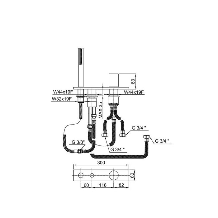 Fantini Milano Смеситель на борт ванны, на 3 отв, на 2 источника, с ручн.душем, без излива, цвет: хром