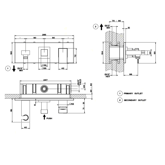 Gessi Rettangolo Встраиваемый смеситель на 2 позиции, подводом воды, держателем лейки и переключателем PUSH(внешние части), цвет: хром