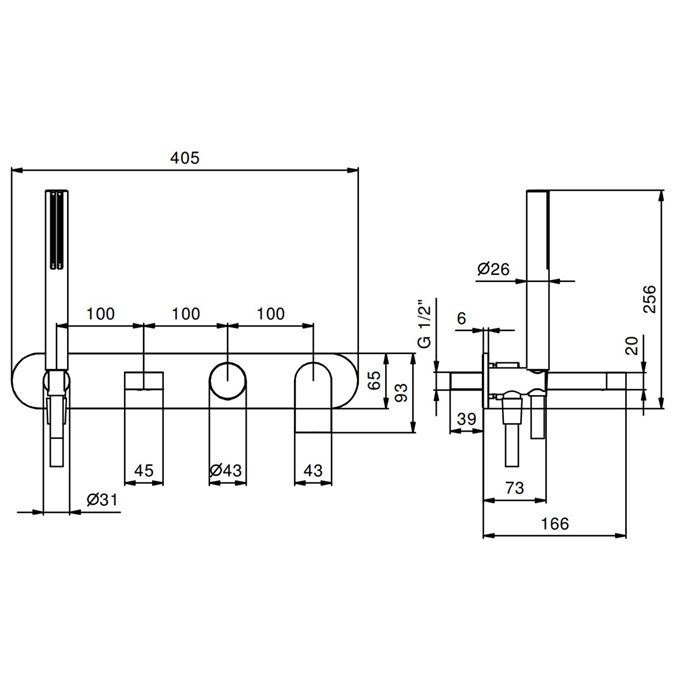 Fantini Mare Смеситель для ванны, встраиваемый, излив 150мм, с ручн.душем, (наружняя часть), цвет: хром