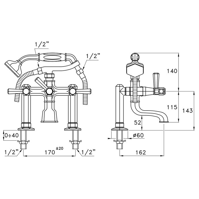 Stella Eccelsa Leve Смеситель на борт ванны на 2 отверстия 3274RG306FB с ручным душем, цвет: хром