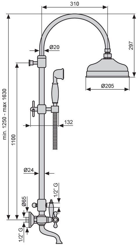 Emmevi, душевая колонна с ручками-крестиками, регулируемая по высоте 91,6-142,6 см: с изливом, изогнутым кронштейном и круглым антикальковым верхним д, артикул 1261118/CR