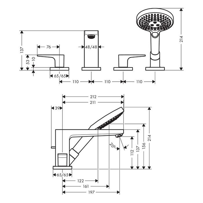 HG Metropol Смеситель на борт ванны на 4 отв, излив 197мм, с ручным душем 3jet, цвет: хром