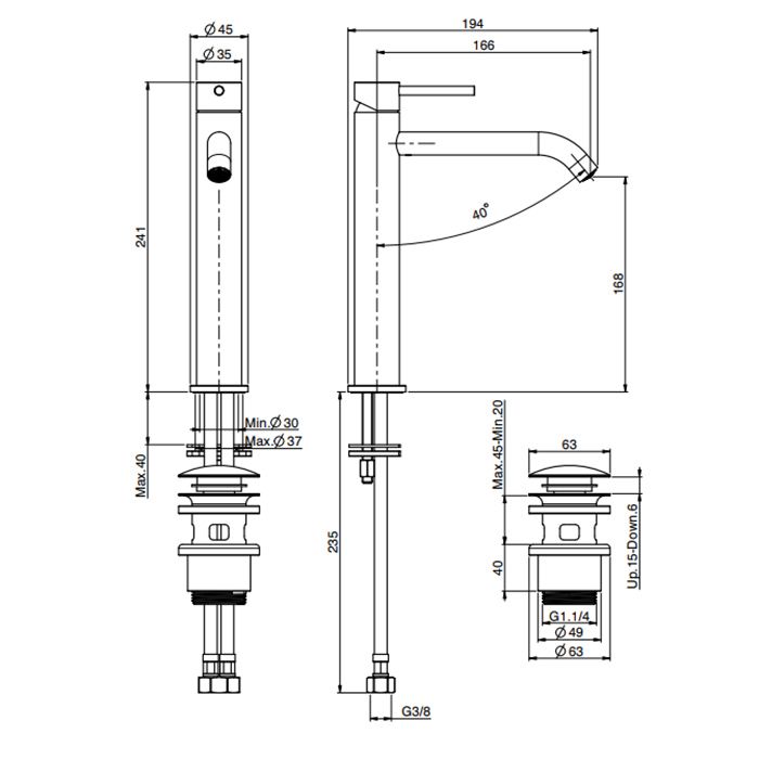 FIMA|Carlo Frattini Spillo Steel Смеситель для раковины высокий, высота 241 мм., на 1 отверстие, с донным клапаном click-clack, цвет INOX