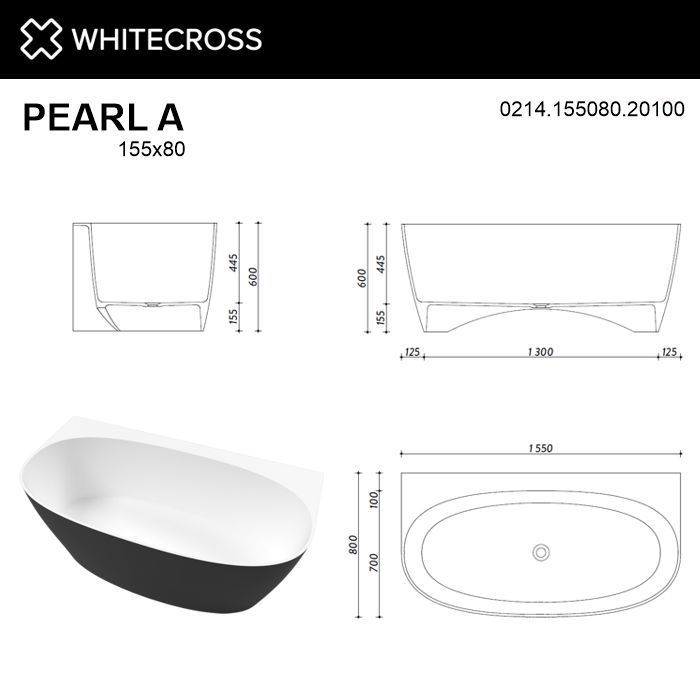 Ванна WHITECROSS Pearl A 155x80 (черный/белый мат) иск. камень