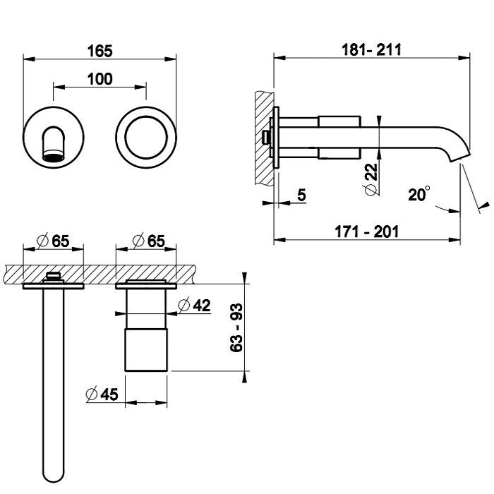 GESSI HABITO UNITO Смеситель для раковины настенный встраиваемый, однорычажный, цвет  Black XL
