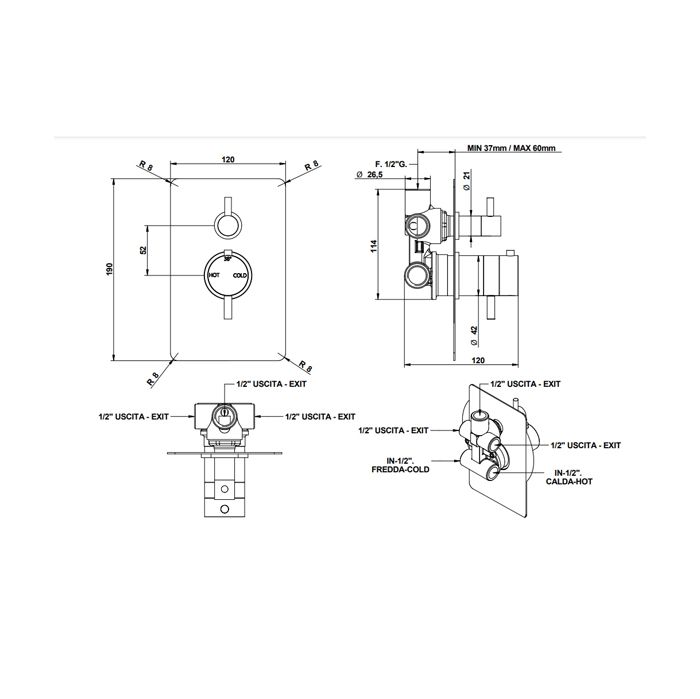 Bongio GIO3 Термостатический коаксиальный смеситель скрытого монтажа с автоматическим дивертором на 2 выхода, цвет: хром (с внутр частью 09766)