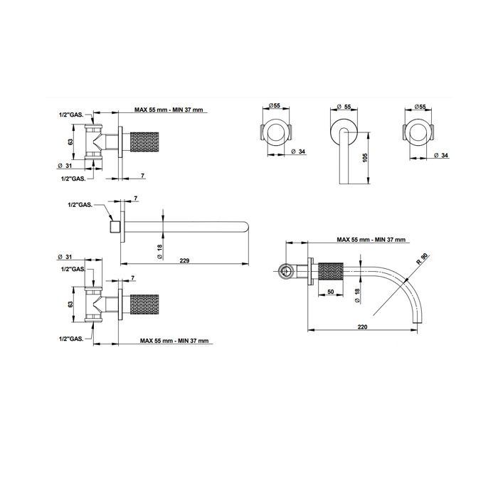 Bongio Capsule Смеситель настенный на 3 отв , излив 229 мм, ., цвет хром/ручка GG(с внутр частью 0976700AQ), артикул 88438CRGG22
