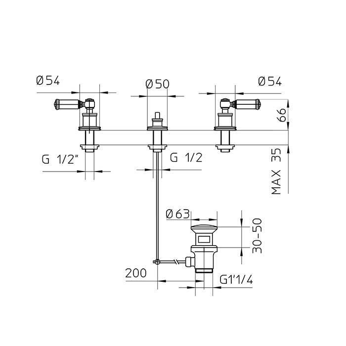 Bossini Liberty Смеситель для биде на 3 отверстия с заглушкой 1”1/4, цвет: золото Bossini Liberty Смеситель для биде на 3 отверстия с заглушкой 1”1/4, цвет: золото
