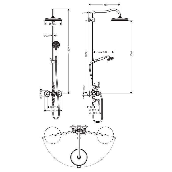 Axor Montreux Showerpipe Душевая стойка с термостатом и верхним душем 1jet, душ: d240 мм, шлангом и ручным душем, цвет: шлифованная бронза