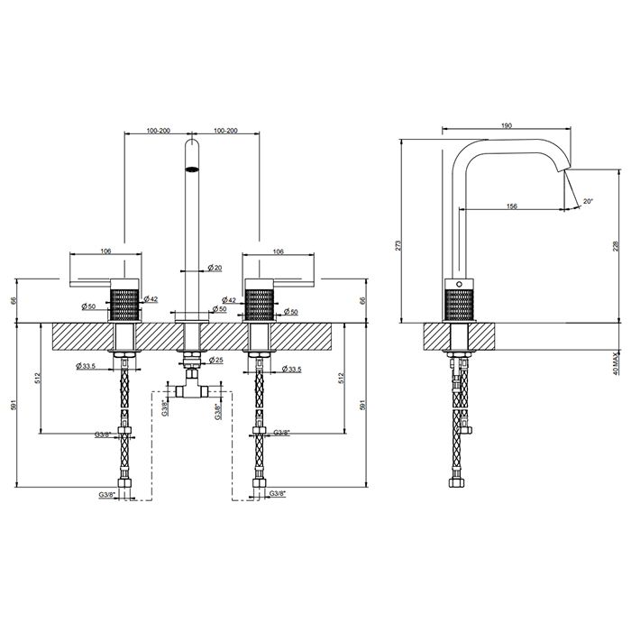 GESSI 316 Смеситель для раковины на 3 отверстия, без донного клапана, излив 156мм, h=269мм, цвет: brushed black metal pvd