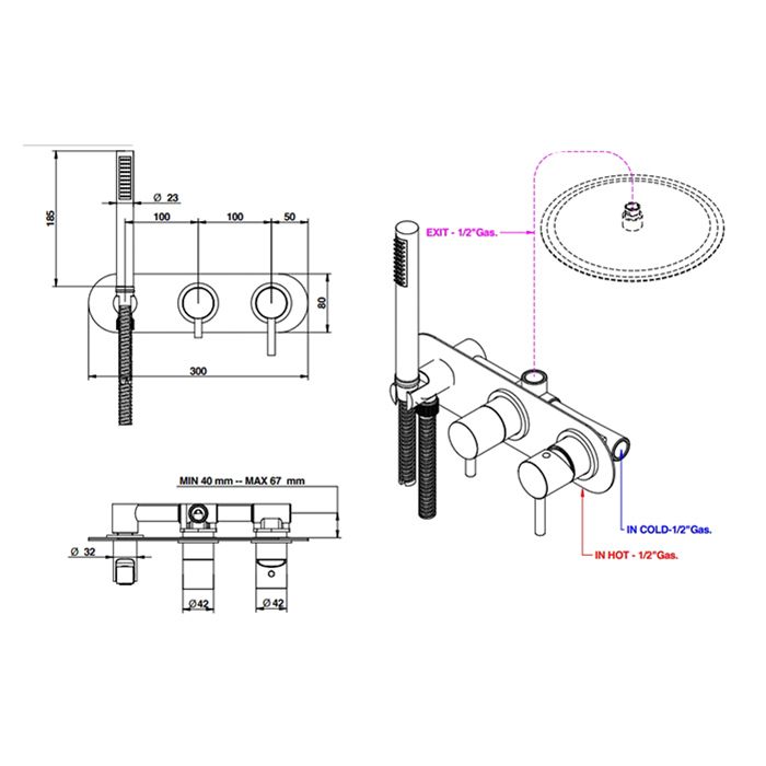 BONGIO ON Смеситель для душа встраиваемый, однорычажный, с переключателем на 2 положения, с руч душ и шланг 1500 мм, внешняя часть, цвет мат черн хром, артикул 68552NMADPREU