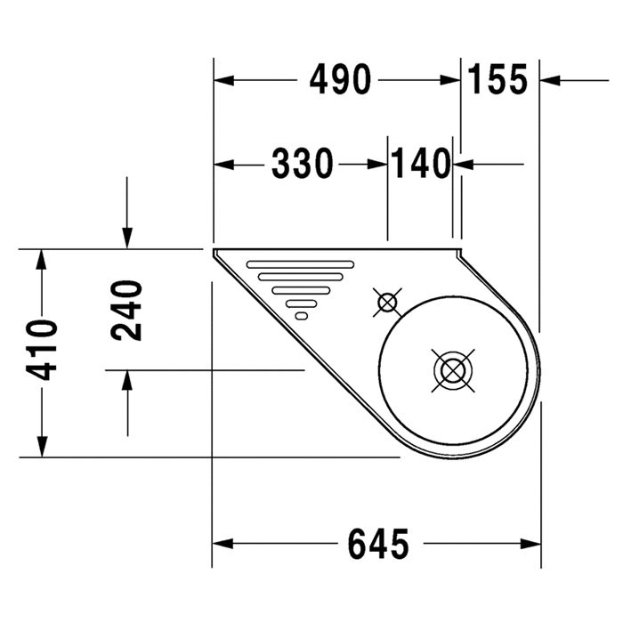 Duravit Architec Раковина для рук, диагональная модель, без перелива, с 1 отв. под смес., со встроенной керамической полочкой, раковина справа 645x410