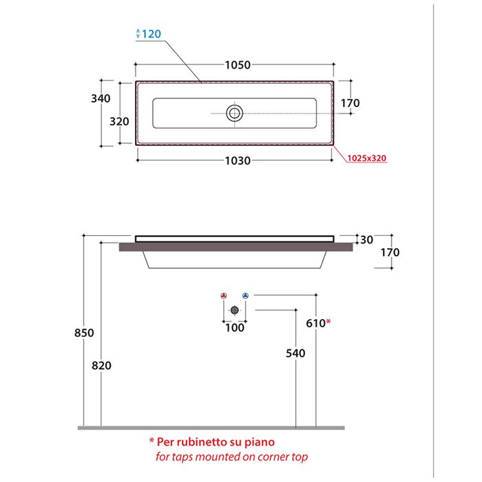 GLOBO Stockholm Раковина встраиваемая 105*34см крепеж в комплекте, без отв. под смеситель, цвет белый