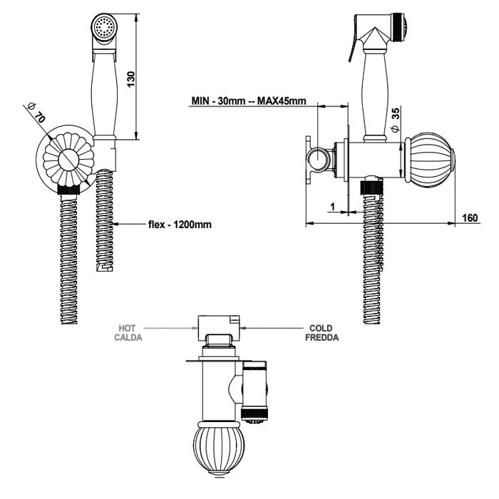 BONGIO RIVOLI Смеситель встроенный, прогрессивный, с гигиенич душем, держ и шлангом 1200мм, ручка стекло белое, в компл со встроен частью, цвет золото