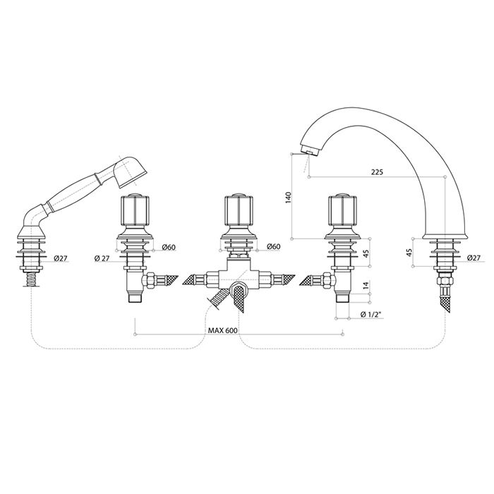 Bongio Fleur Noir Смеситель на борт ванны (5 отв.) с ручным душем, цвет хром/черный фарфор