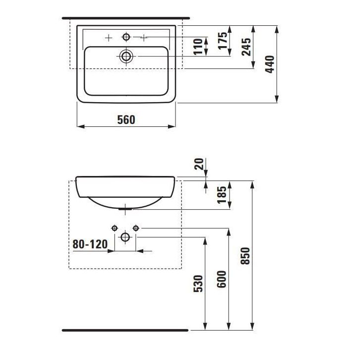 Laufen Pro A раковина полувстраиваемая 560x440x115 мм, три отверстия для смесителя, цвет белый Laufen Pro A раковина полувстраиваемая 560x440x115 мм, три отверстия для смесителя, цвет белый