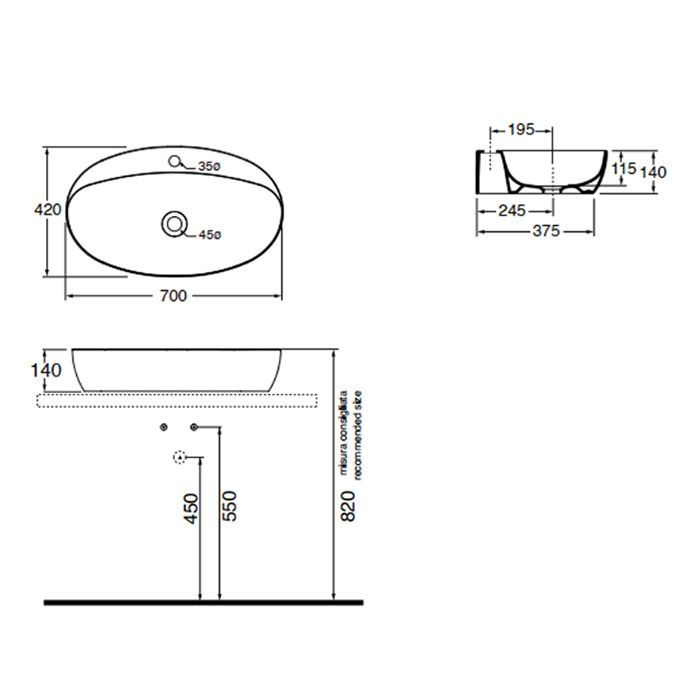 AZZURRA ELEGANCE CIRCLE раковина накладная 70х42см с 1 отв. под смеситель, цвет белый