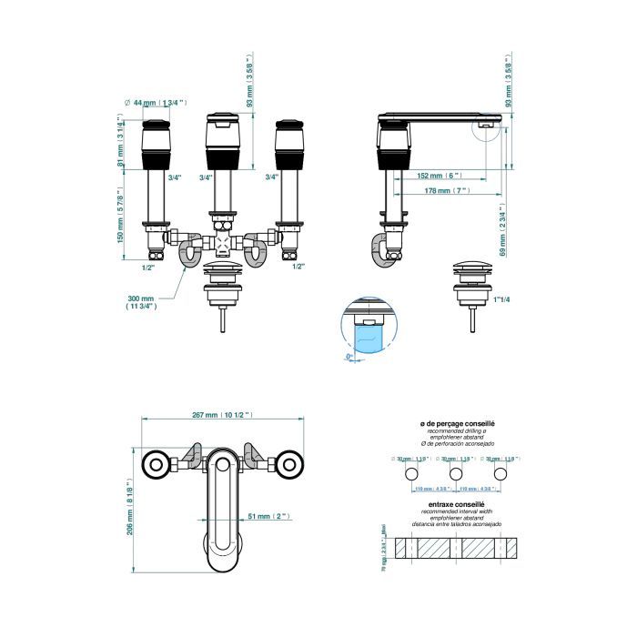 THG CORVAIR FIOR DI BOSCO Смеситель для раковины на 3 отверстия, для установки на мраморную столешницу, с донным клапаном, цвет хром