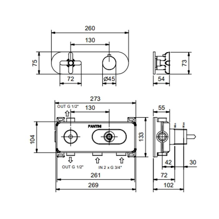 Fantini Icona Classic Встраиваемый термостат для душа на 2 источника, 3/4'', (наружняя часть), цвет: Matt Gun Metal PVD