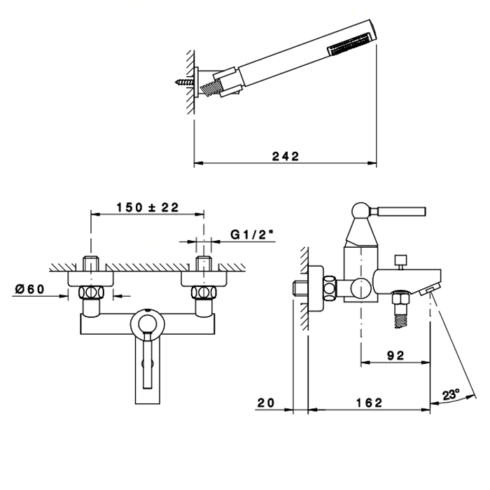 Nicolazz Torre Смеситель для ванны на 2 отверстия, настенный, с душевой лейкой, цвет: хром