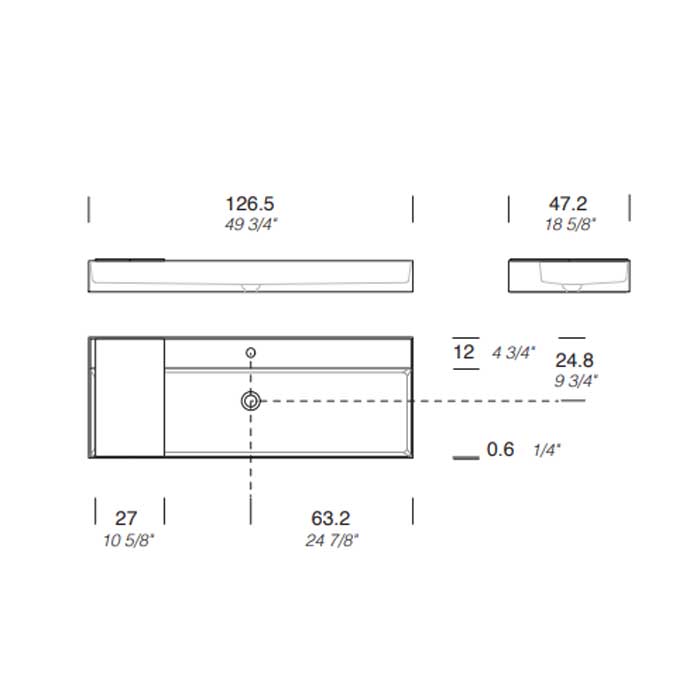 MILLDUE  Раковина  MAN 126 накладная из CRISTALPLANT ,126,5х47,2 см, с 1 отв для смесителя, цвет белый матовый