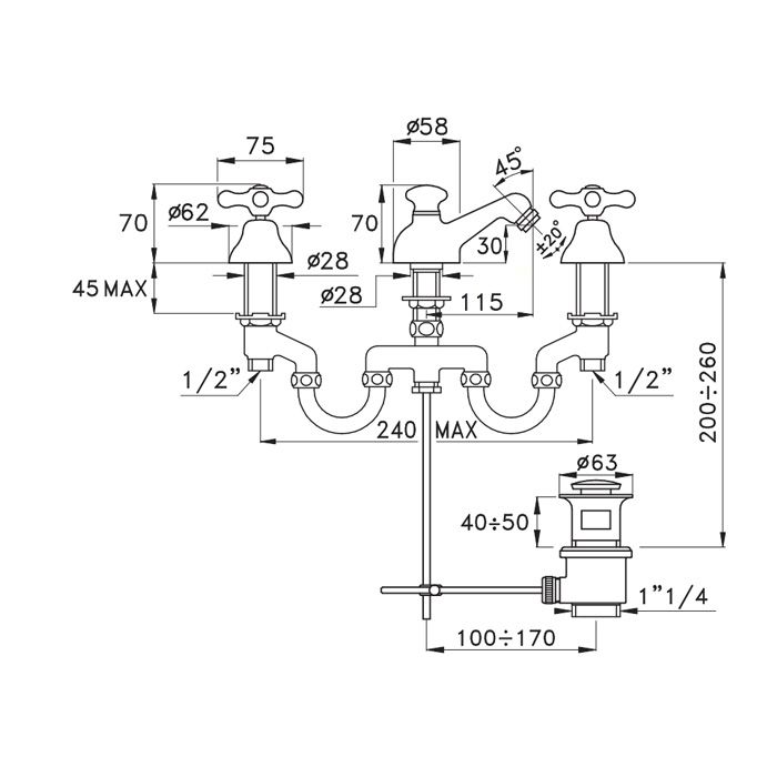 Stella Roma Смеситель для биде на 3 отверстия 3601, с донным клапаном, цвет: хром