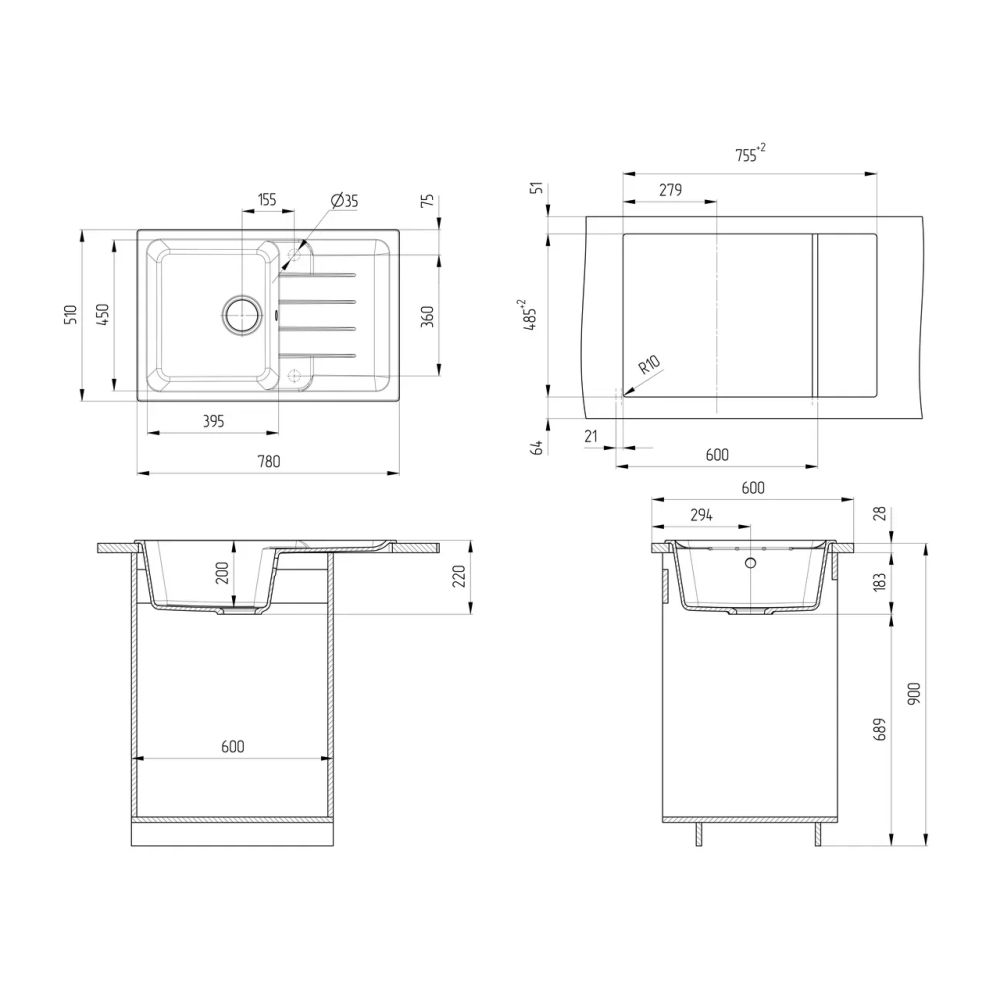 Кухонная мойка Ulgran Quartz Gerda 780-02, лен, артикул Gerda 780-02
