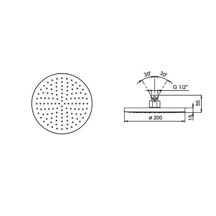 Верхний душ, Fantini, Nostromo, тип установки-настенный, потолочный, размер душевого диска, мм-200*200, форма-круглая, держатель-необходимо заказать, цвет-хром, впуск 1/2", материал-латунь, ограничитель потока воды до 12 л/мин при 3 бар