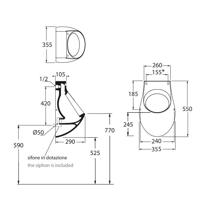 AZZURRA NUVOLA Писсуар настенный 55х35,5см с отверстиями для крышки, с креплением/сифоном,  цвет белый