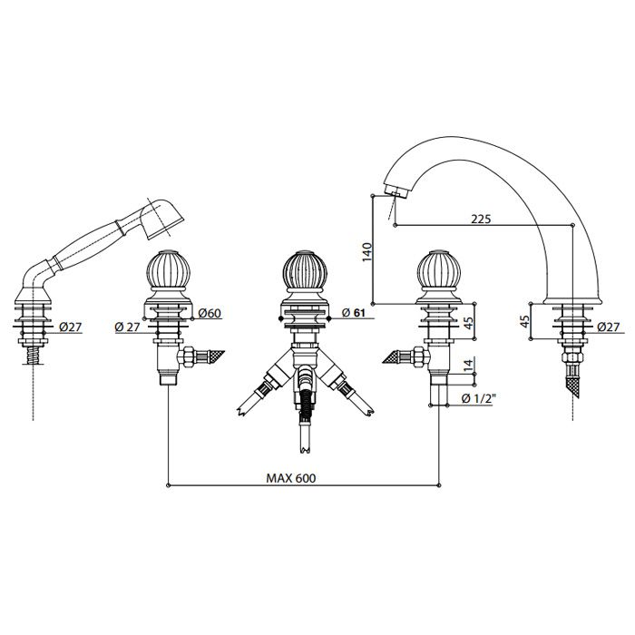 BONGIO RIVOLI Смеситель на борт ванны на 5 отверстий, с ручным душем, ручки стекло белое, цвет золото