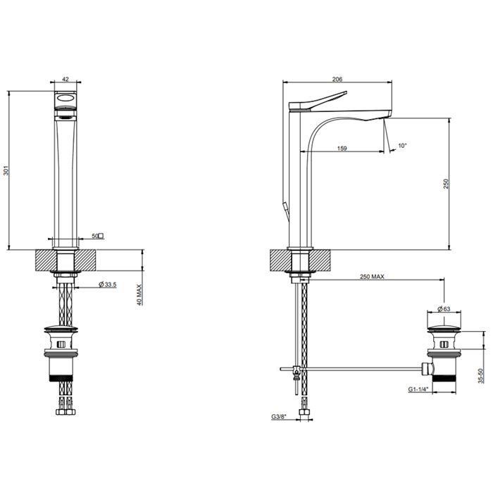 GESSI Rilievo Смеситель для раковины на 1 отв. с донным клапаном  h=301мм, излив 159мм , цвет: хром