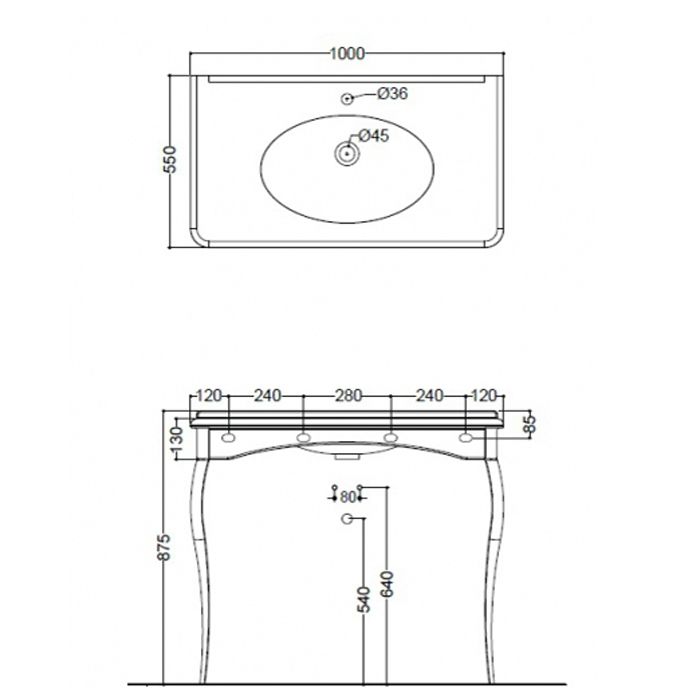KERASAN Retro Раковина консоль 100х55см с 1 отв. под смеситель, цвет белый, ноги (арт.736091) в комплекте: золото (упаковка-2 коробки), артикул 1049K1 bi*1 oro legs