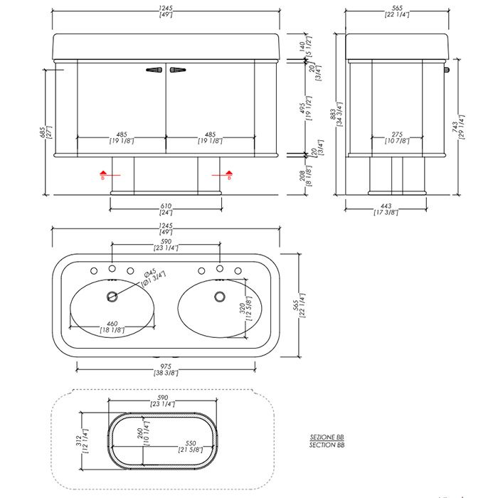 Devon Liberty  Тумба под раковину двойная 124.5х88.3 см, с керамической раковиной WIDE BLUES на3 отв , цвет мебели  RADICA DI NOCE глянец, артикул LIBRADINOWIBL*3