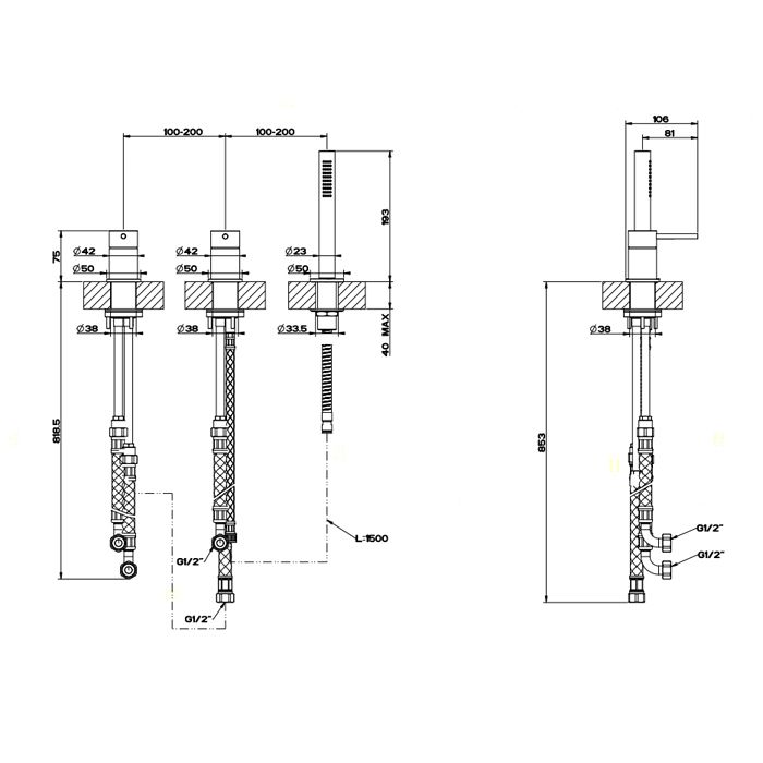 GESSI 316 Смеситель для ванны на 3 отверстия наполнение через слив-перелив с переключателем, убирающаяся душевая лейка, цвет: steel brushed