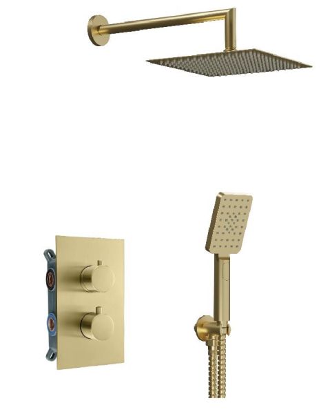 AQG Alpha, душевой комплект на 2 потребителя с термостатом, с квадратным верхним душем 25х25 см и кронштейном, цвет матовое золото (PVD)
