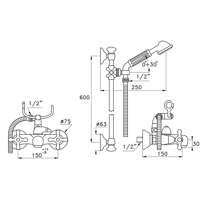 Stella Roma Смеситель для ванны 3267/302/6 со штангой и ручным душем, цвет: хром