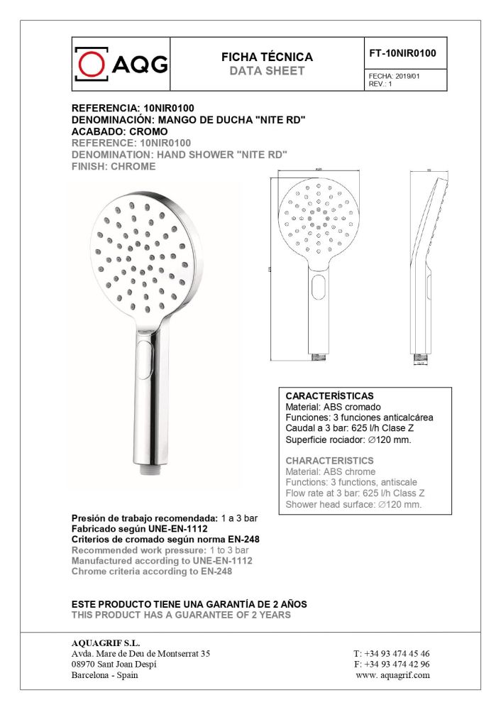AQG, ручной душ антикальцевый NITE RD 120мм см, 2х режимный, цвет хром, артикул 10NIR0100